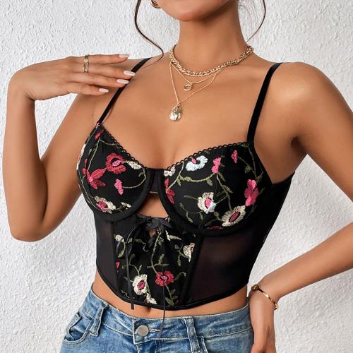 Gaze & Polyester Camisole, Bestickt, Floral, Schwarz,  Stück