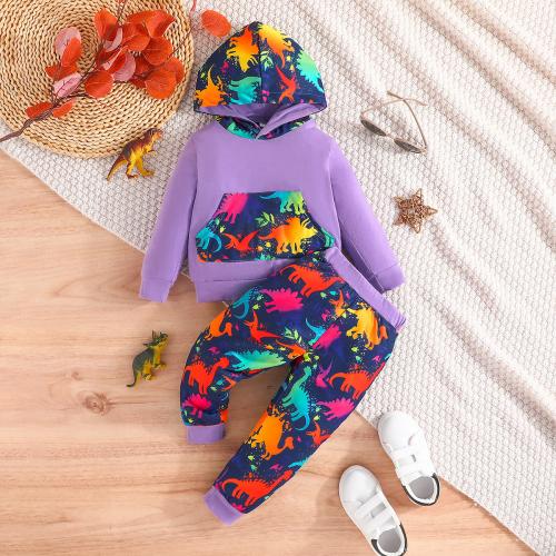 Polyester Boy Clothing Set Sweatshirt & Pants printed Dinosaur Set