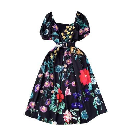 Mixed Fabric Waist-controlled One-piece Dress & breathable printed PC