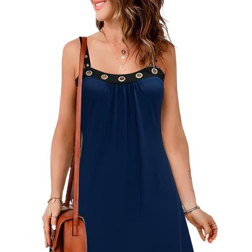 Polyester Slim & A-line Slip Dress & off shoulder patchwork Solid deep blue PC