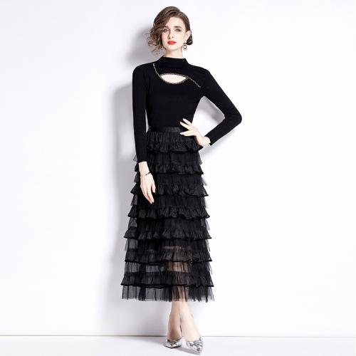 Polyester Ensemble de robe deux pièces Solide Noir Ensemble