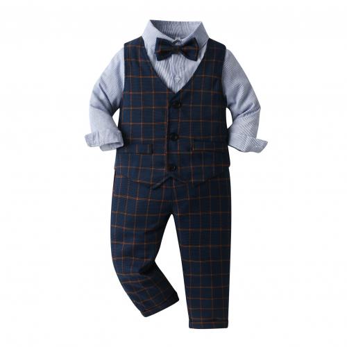 Baumwolle Junge Kleidung Set, Krawatte & Weste & Hosen & Nach oben, Plaid, Blau,  Festgelegt