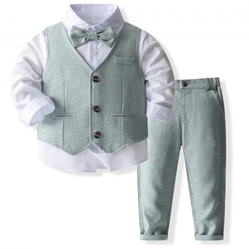 Coton Ensemble de vêtements de garçon Cravate & Gilet & Pantalon & Retour au début Solide Vert Ensemble