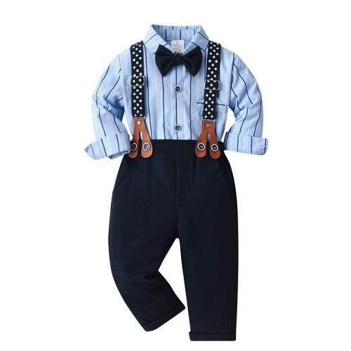 Coton Ensemble de vêtements de garçon Cravate & suspendre le pantalon & Retour au début Imprimé Rayé Bleu Ensemble