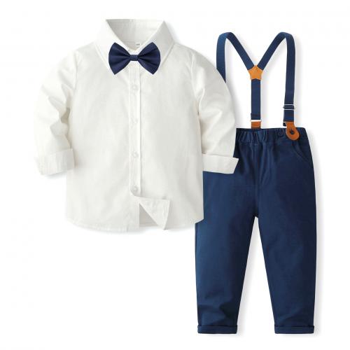 Coton Ensemble de vêtements de garçon Cravate & suspendre le pantalon & Retour au début Solide Bleu marine Ensemble