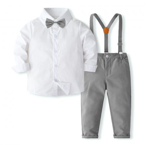 Coton Ensemble de vêtements de garçon Cravate & suspendre le pantalon & Retour au début Solide Gris Ensemble