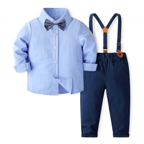 Coton Ensemble de vêtements de garçon Cravate & suspendre le pantalon & Retour au début Solide Bleu Ensemble