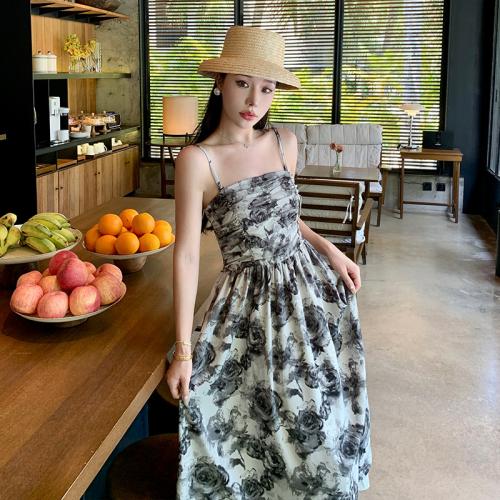 Polyester Slip Dress slimming printed floral black PC