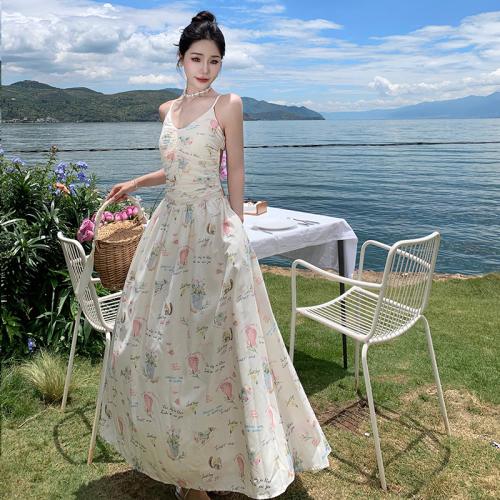 Polyester Slim Slip Dress backless printed floral white PC