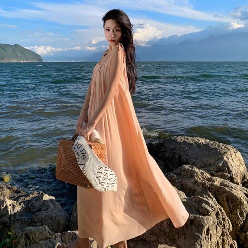 Polyester Slip Dress backless & loose orange PC