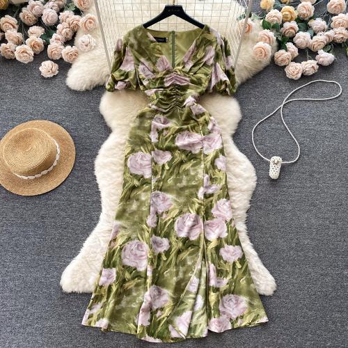 Poliéster Vestido de una pieza, floral, verde,  trozo