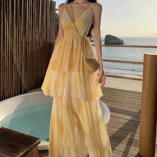 Polyester Slim & Layered Slip Dress yellow PC