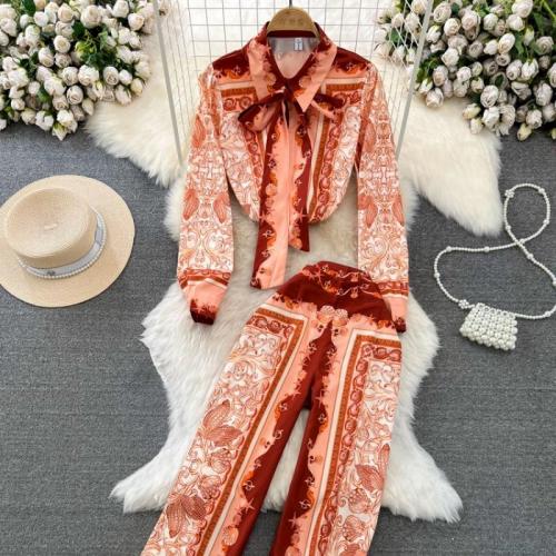 Polyester Frauen Casual Set, Weite Beinhose & Nach oben, Gedruckt, Orange,  Festgelegt