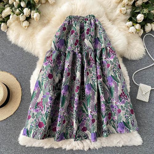 Polyester Slim & High Waist Maxi Skirt printed leaf pattern : PC