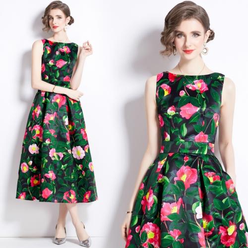 Polyester Waist-controlled One-piece Dress printed floral green PC