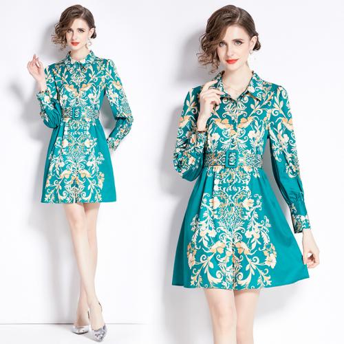 Polyester Waist-controlled One-piece Dress printed floral green PC