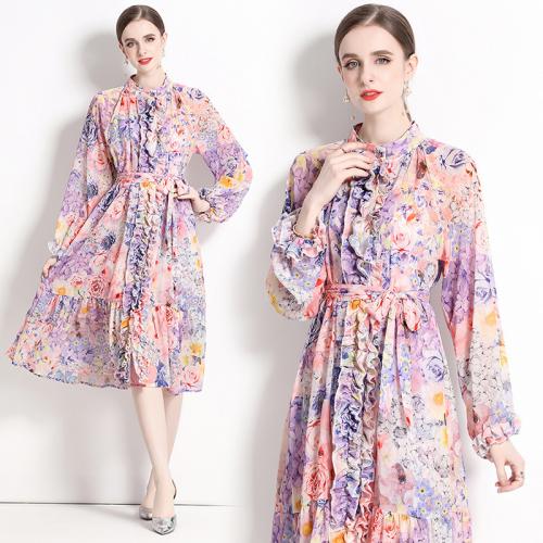 Polyester Waist-controlled One-piece Dress printed floral multi-colored PC