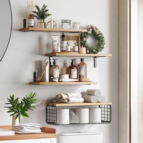 Paulownia & Iron Multifunction Wall Shelf for storage & four piece : Set