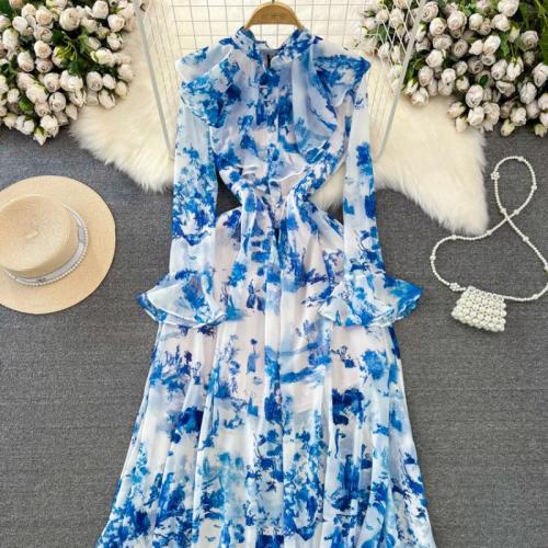 Polyester High Waist One-piece Dress slimming printed blue and white PC