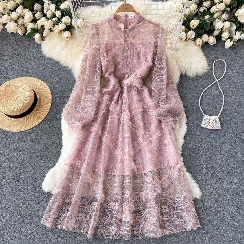 Polyester Waist-controlled One-piece Dress see through look & double layer pink PC