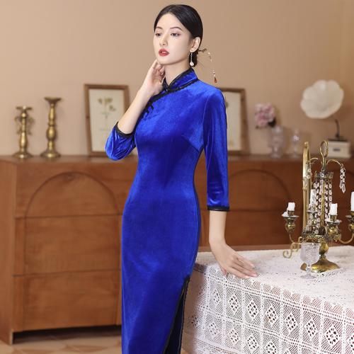 Velour Slim & Plus Size Women Cheongsam side slit PC