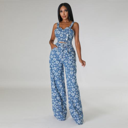 Polyester Ensemble occasionnel de femmes Pantalon & camis Imprimé Floral Bleu Ensemble