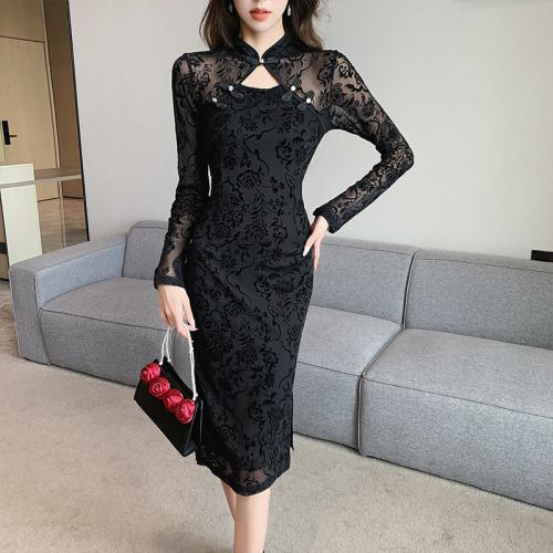 Polyester Slim Women Cheongsam side slit & breathable jacquard black PC