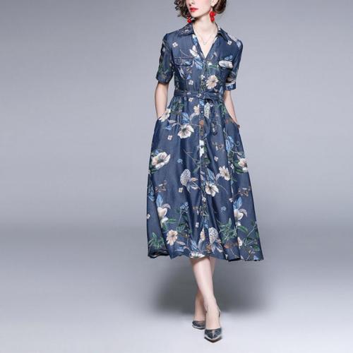 Denim & Cotton Waist-controlled Jeans Dress & breathable printed deep blue PC