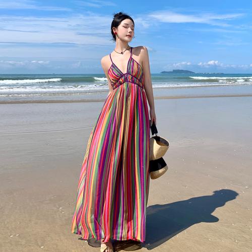 Polyester Slim Slip Dress backless striped multi-colored PC