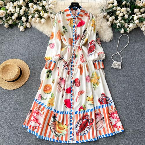 Poliéster Vestido de una pieza, impreso, patrón de fruta, colores mezclados, :,  trozo