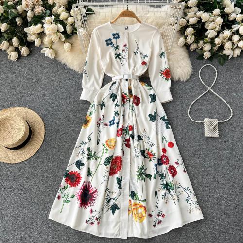 Polyester Einteiliges Kleid, Gedruckt, Floral, Weiß,  Stück