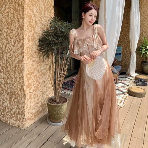 Polyester Slim & long style Slip Dress patchwork PC