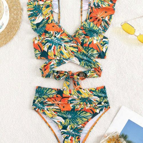 Spandex & Polyester Tankinis Set & two piece & padded printed leaf pattern Set