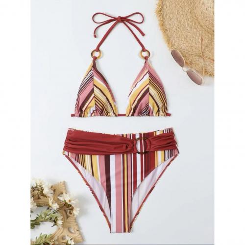 Spandex & Polyester Bikini Imprimé Rayé Rouge Ensemble