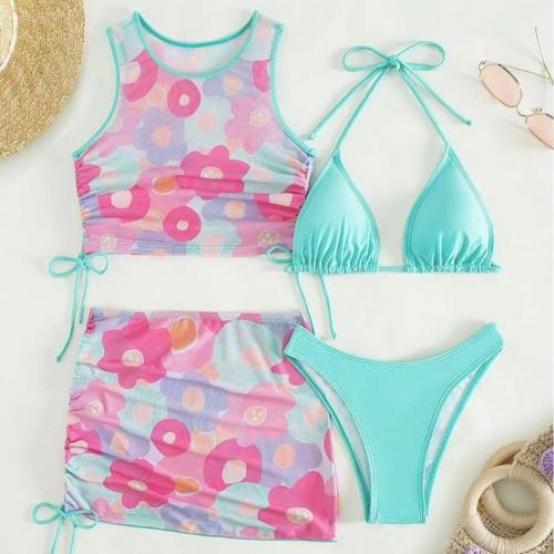 Spandex & Polyester Bikini Imprimé Floral bleu et rose Ensemble