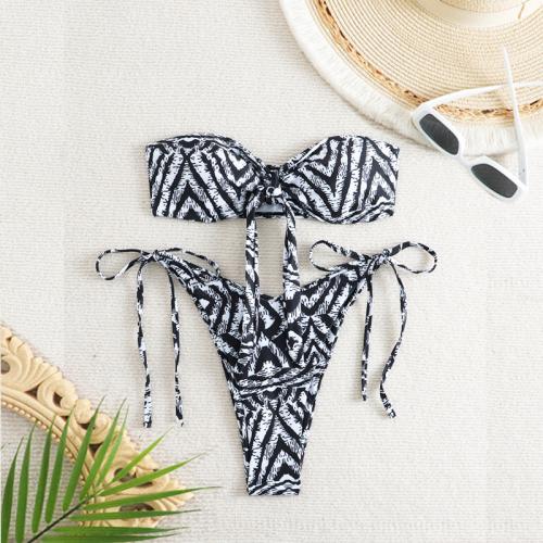 Spandex & Polyester Bikini & two piece & tube & padded printed striped white and black Set