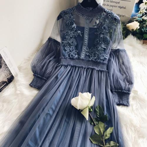 Heavy industry Organza High Waist mesh stand collar lantern sleeve slimming suspenders two-piece suit fairy dress