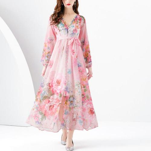 Chiffon Waist-controlled One-piece Dress slimming & deep V printed PC