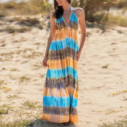 Polyester Halter Dress deep V & backless Tie-dye PC