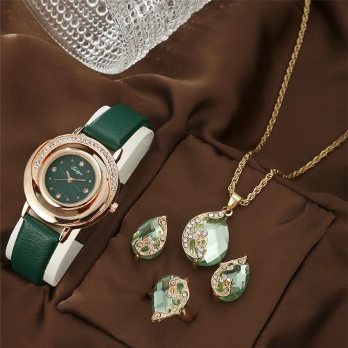 Glass & Stainless Steel & PU Leather & Zinc Alloy Jewelry Set for women & four piece & with rhinestone plated Set