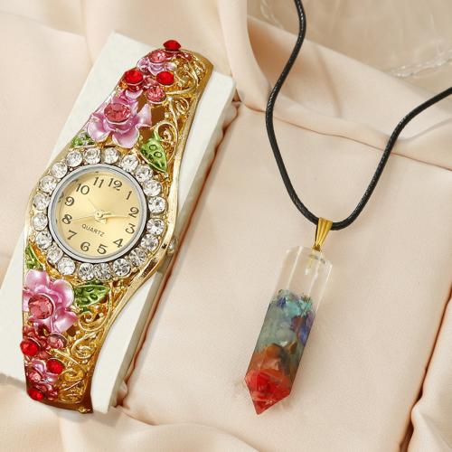 Gemstone & Glass & Stainless Steel & Zinc Alloy Jewelry Set for women & two piece & with rhinestone PU Leather plated Set