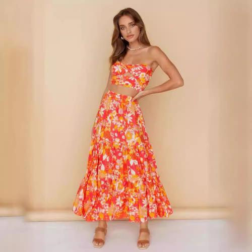 Seda artificial Juego de vestidos de dos piezas, impreso, floral, naranja rojizo,  Conjunto