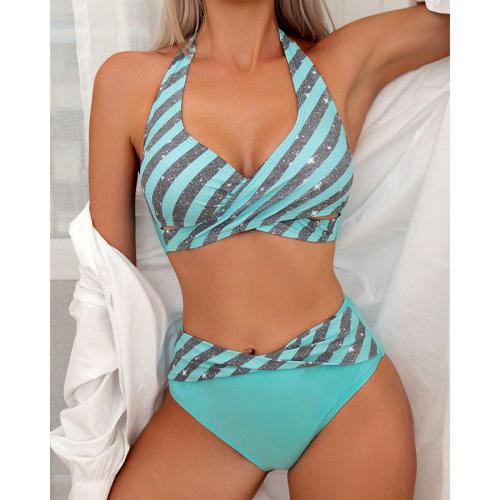 Poliéster Bikini, impreso, a rayas, azul,  Conjunto