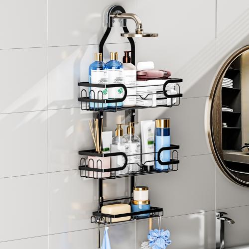 Iron Multilayer & Punch-free Shelf Wall Hanging & for bathroom black PC