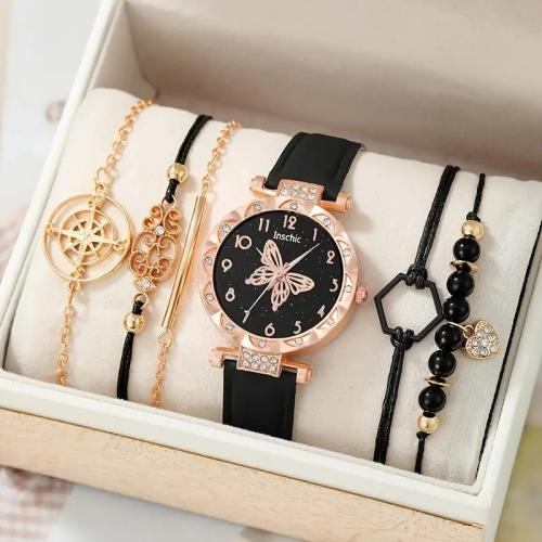 Glass & Stainless Steel & PU Leather & Zinc Alloy Jewelry Set for women & six piece & with rhinestone Gemstone plated Set