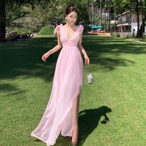 Polyester Slim Slip Dress deep V pink PC