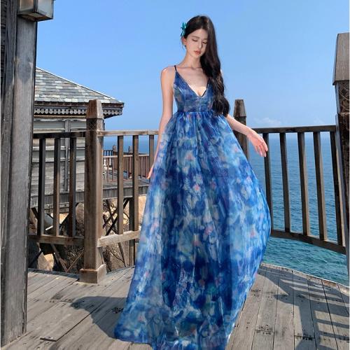 Polyester Slim Slip Dress backless blue PC