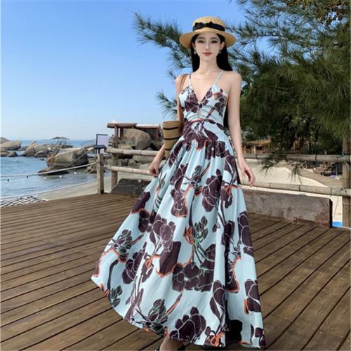 Polyester Slim Slip Dress deep V printed floral blue PC