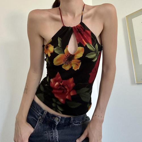 Poliéster Camisola, impreso, floral, negro,  trozo