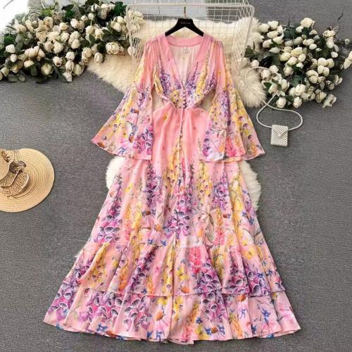 Polyester Waist-controlled One-piece Dress large hem design & deep V printed floral PC